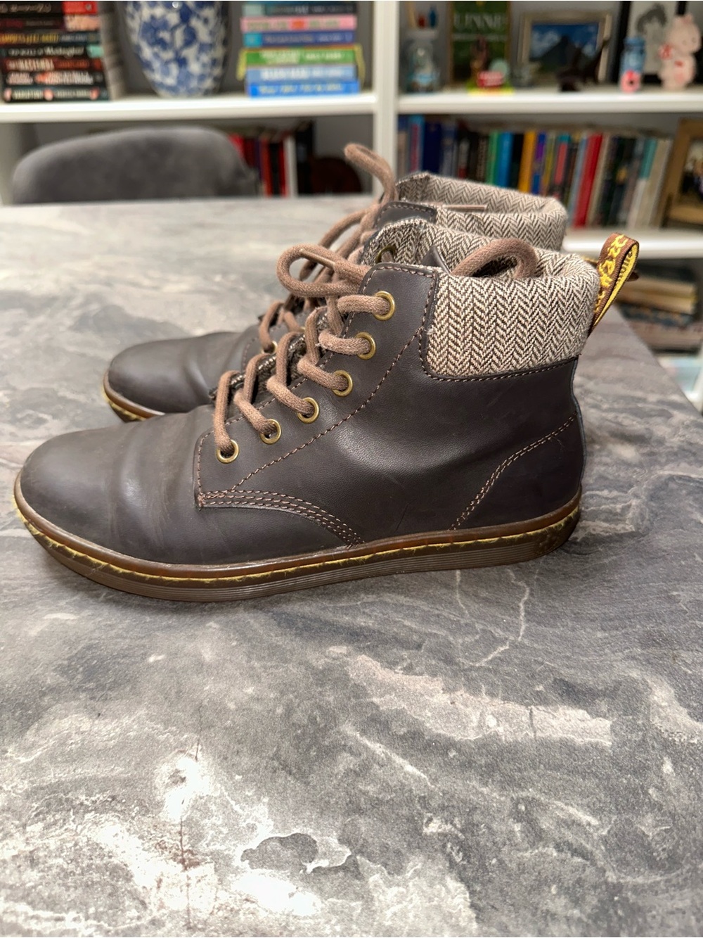 Dr. Martens Dark Brown Lace-Up Ankle Boots with Tweed Collar